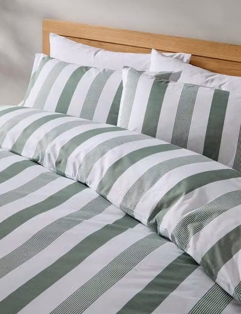 M&S Hadley Striped Pure Cotton Bedding Set, Green Mix, W: 140 cm, L: 200 cm