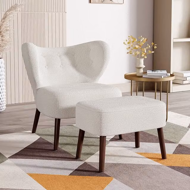 Livingandhome White Bouclé Accent Chair with Matching Ottoman
