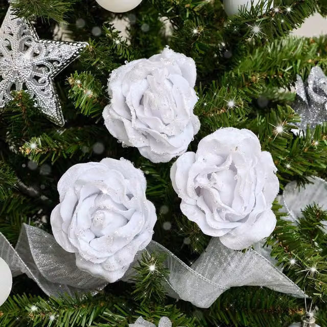Melody Maison Set of 3 White Velvet Glitter Rose Clip Christmas Decorations, 10 cm – 1
