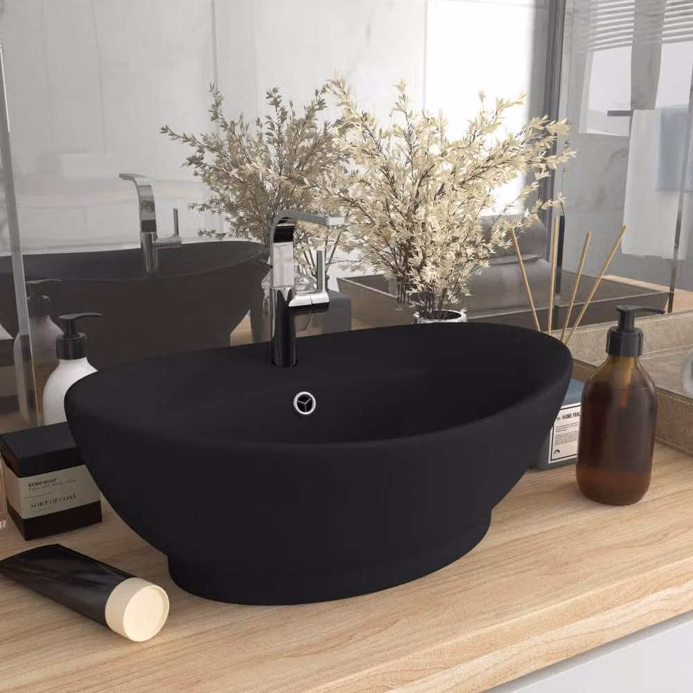 Berkfield Home Luxury Oval Ceramic Countertop Basin with Overflow in Matt Black W: 58.5 cm, D: 39 cm – 2