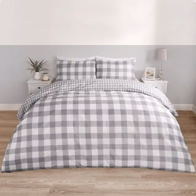 OHS Classic Gingham Duvet Cover and Pillowcase Set, Grey, 180 x 200 cm