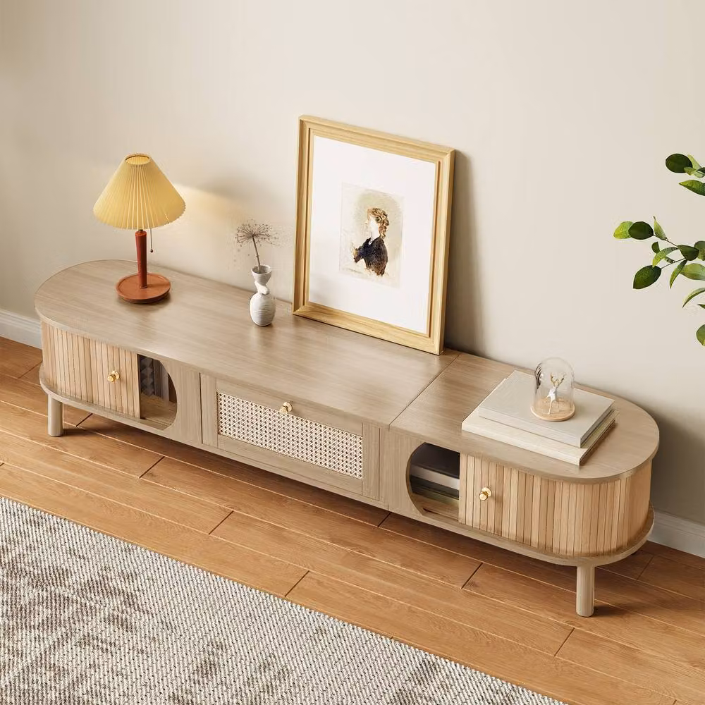 Merax Rustic TV Cabinet with Slatted Wood Doors and Rattan Drawers in Brown and Beige, W: 170 cm, D: 39.5 cm, H: 38 cm – 2