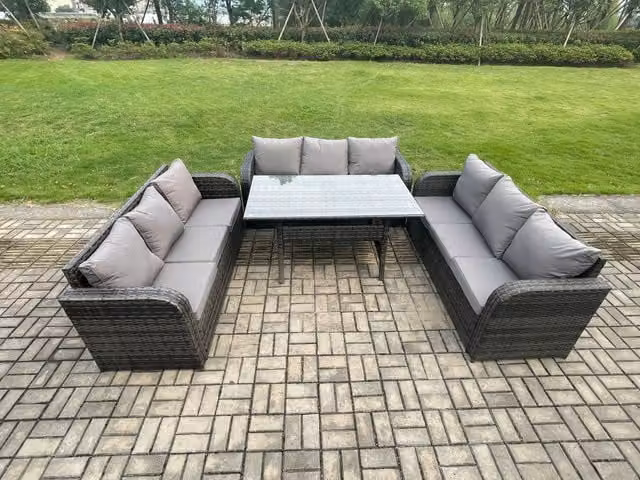 Fimous 9 Seater Rattan Garden Furniture Set with Oblong Rectangular Dining Table in Dark Grey Mixed