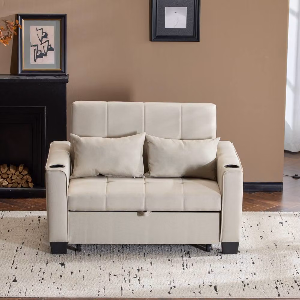 Matteo 2 Seater Convertible Fabric Sofa Bed with Cup Holders and Scatter Cushions, Beige – 4