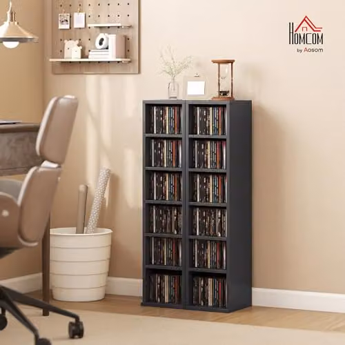 HOMCOM Set of 2 Black CD and DVD Storage Tower Racks with Adjustable Shelves – 2