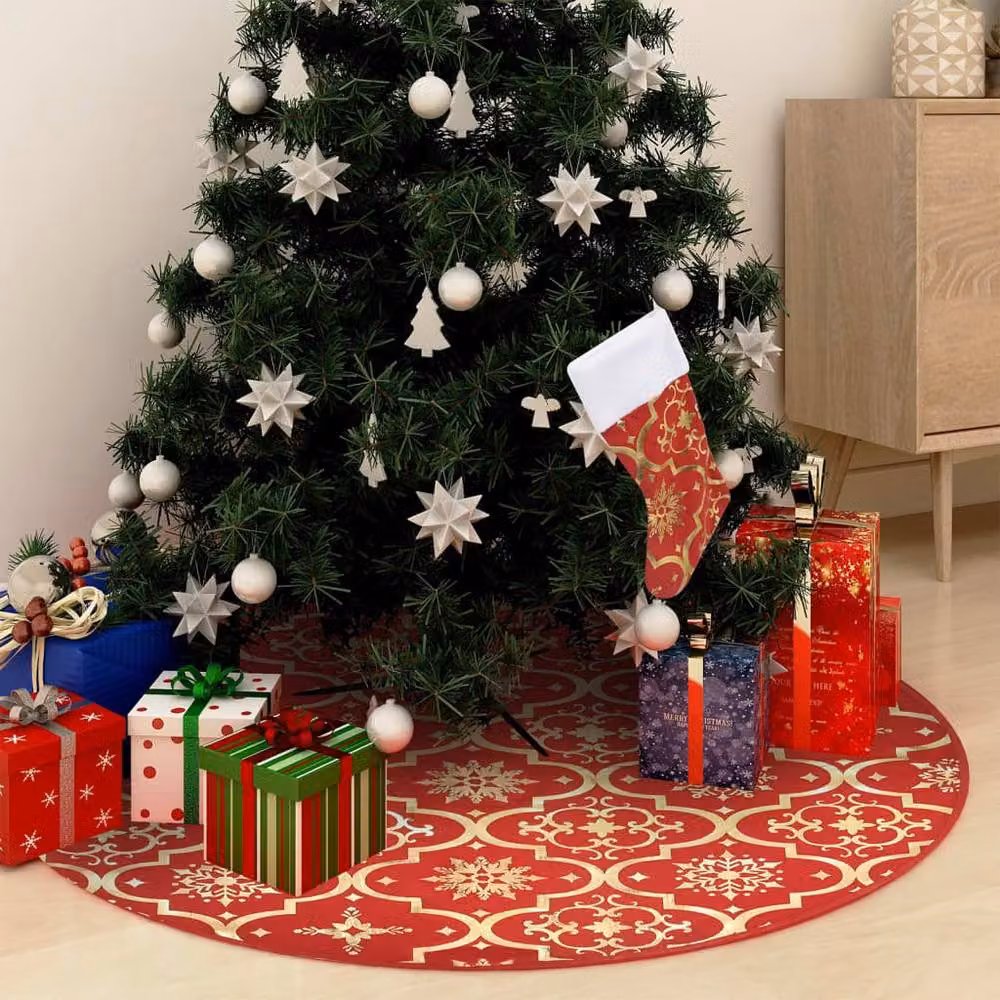 Berkfield Home Luxury Christmas Tree Skirt with Sock, Red, Diameter: 122 cm – 2