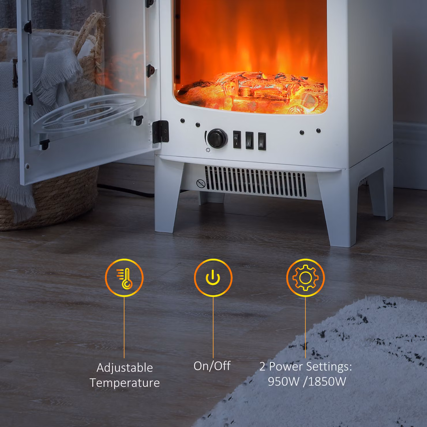 HOMCOM Freestanding Electric Fire with Realistic Flame Effect and Overheat Protection, White – 4