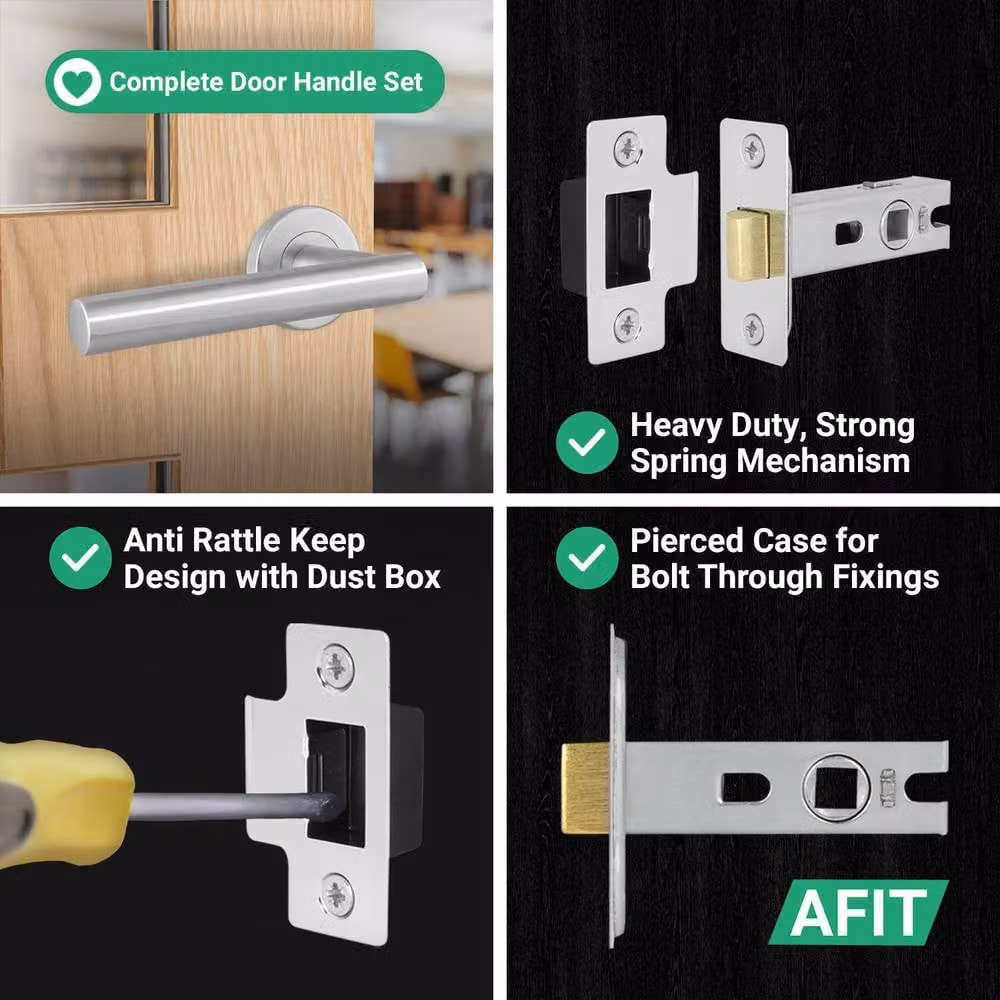 AFIT Satin T-Bar Lever on Rose Door Handles and Latch Kit in Silver Stainless Steel, W/D/H: 150 x 150 x 15 mm – 3