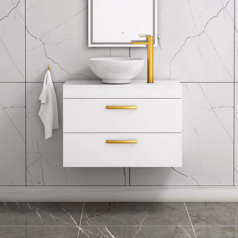Royal Bathrooms 800mm Wall Hung Gloss White 2 Drawer Vanity Unit with Breeze Countertop Basin and Brushed Brass Handle