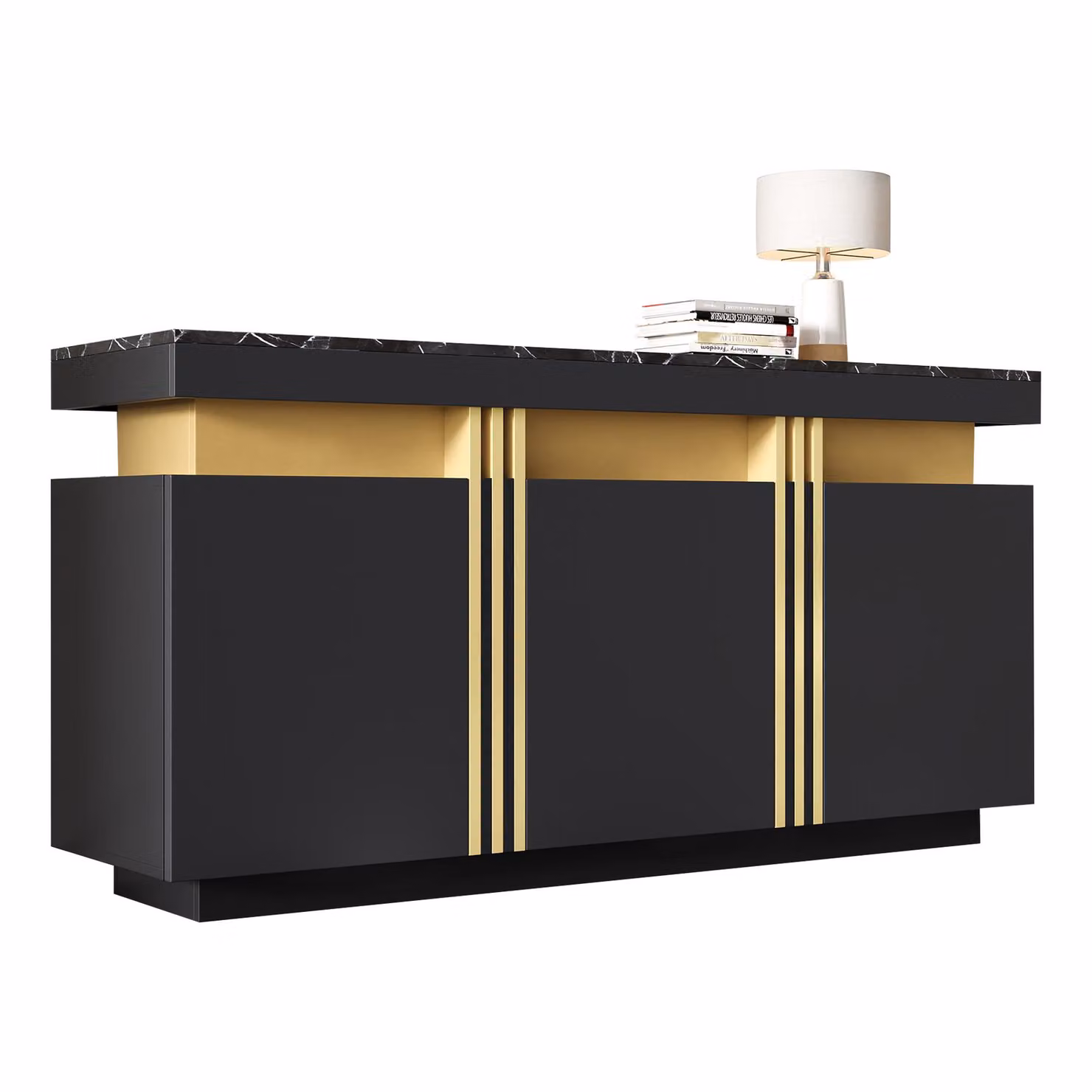 Aosom UK Modern Sideboard with Faux Marble Top and Adjustable Shelves, Black and Gold, W: 140 cm, D: 38 cm, H: 70 cm – 2