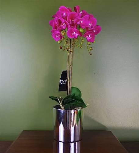 Leaf Large Artificial Pink and Silver Orchid Tabletop Floral Arrangement
