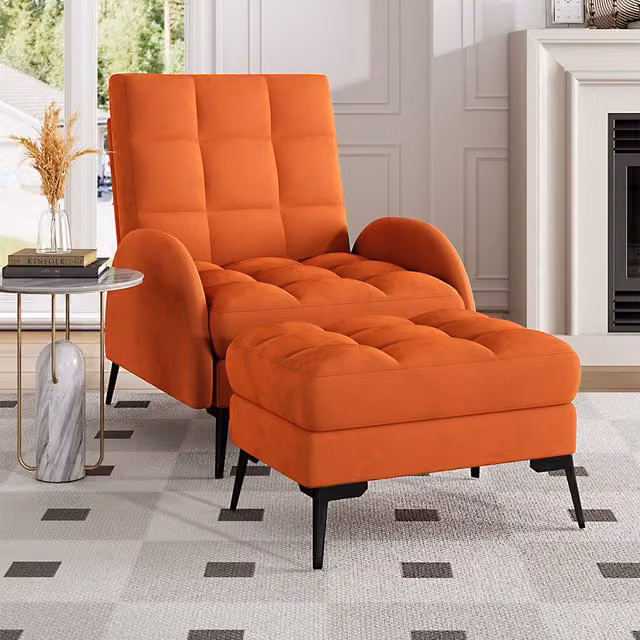 Livingandhome Orange Velvet Upholstered Lounge Armchair with Ottoman