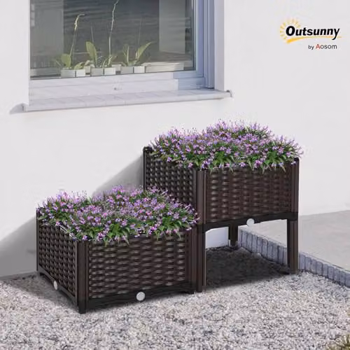 Outsunny Set of 2 Brown Plastic Raised Garden Beds for Vegetables, Herbs and Ornamental Plants – 2