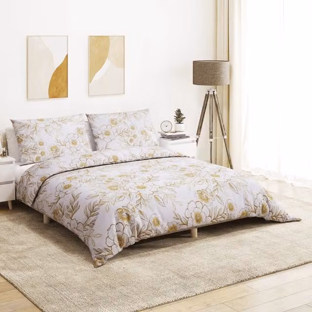 Berkfield Home Floral Cotton Duvet Cover and Pillowcase Set in White and Brown, W: 240 cm, H: 220 cm