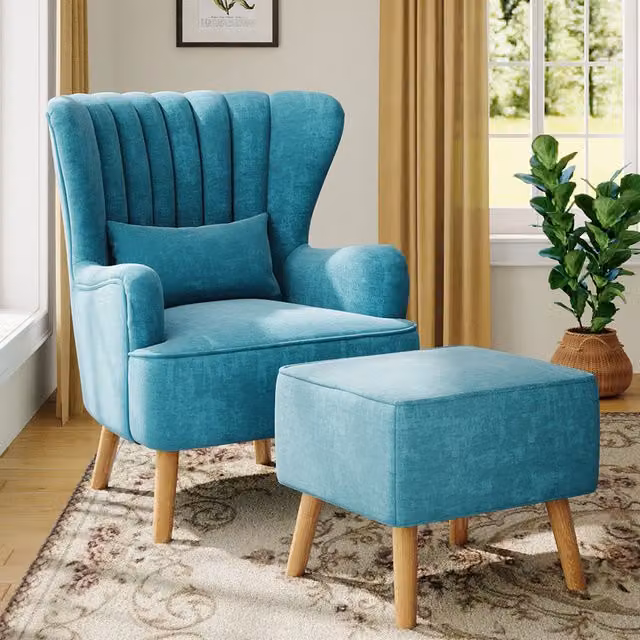 Livingandhome Mid-Century Yellow Faux Wool Upholstered Armchair with Matching Ottoman