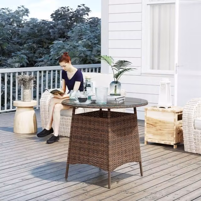 OUTSUNNY Brown Wicker Garden Rattan Table with Tempered Glass Top and Umbrella Hole – 1