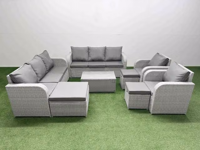 Fimous PE Rattan High Back Lounge Sofa Set in Light Grey with 3 Seater Sofa, Reclining Chair, 3 Stools, Coffee Table and Ottomans