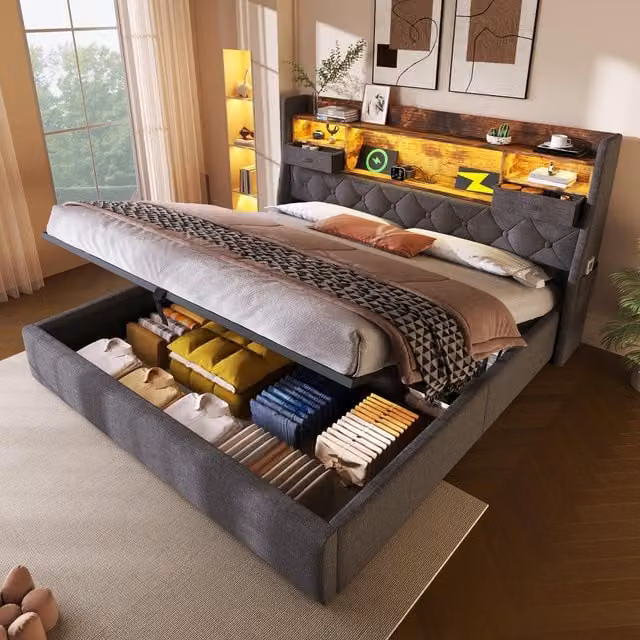 Aosom UK Upholstered Hydraulic Bed with LED Ambient Lighting and USB Charging Port, Linen Grey Bed Frame with Storage Headboard, W/D/H: 147 x 208 x 116 cm – 1