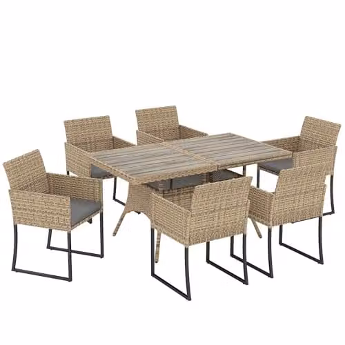 Outsunny 7 Piece Rattan Garden Furniture Set with Table and Chairs in Grey and Beige