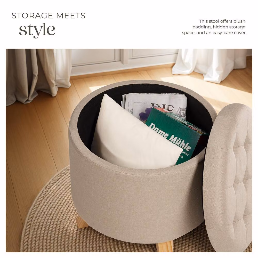 tectake Suna Round Padded Stool with Large Storage Space in Light Sand – 4
