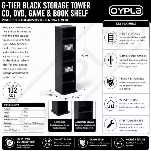 Oypla 6 Tier Black Wooden CD DVD and Book Storage Tower Rack with Adjustable Shelves – 4