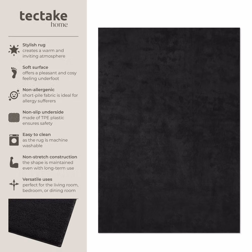 tectake Fluffy Black Rectangular Rug with Non-Slip Underside, W/D: 120 x 170 cm – 2