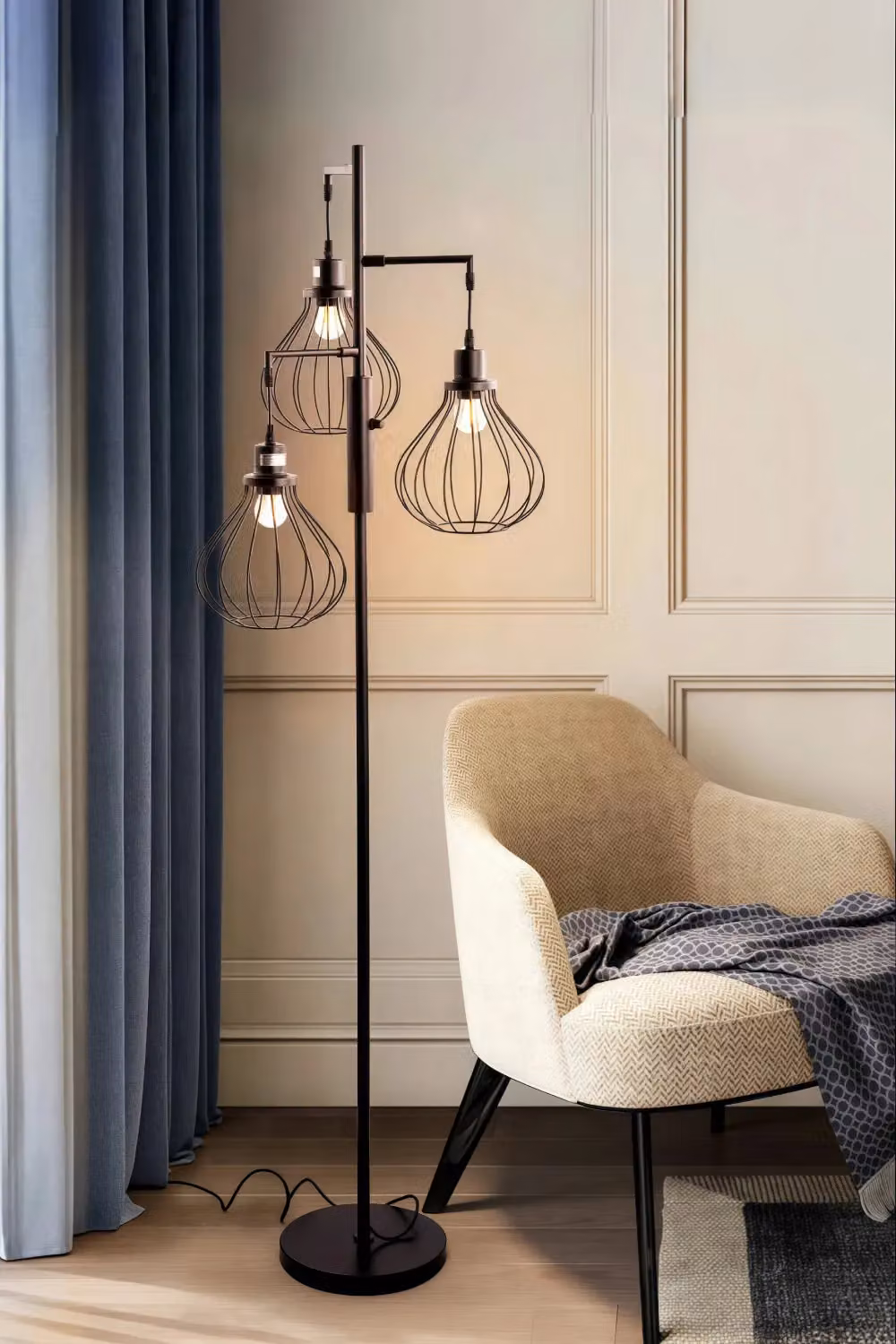 Living and Home Modern Industrial Black 3-Head Metal Floor Lamp with Lantern Style Shades – 2