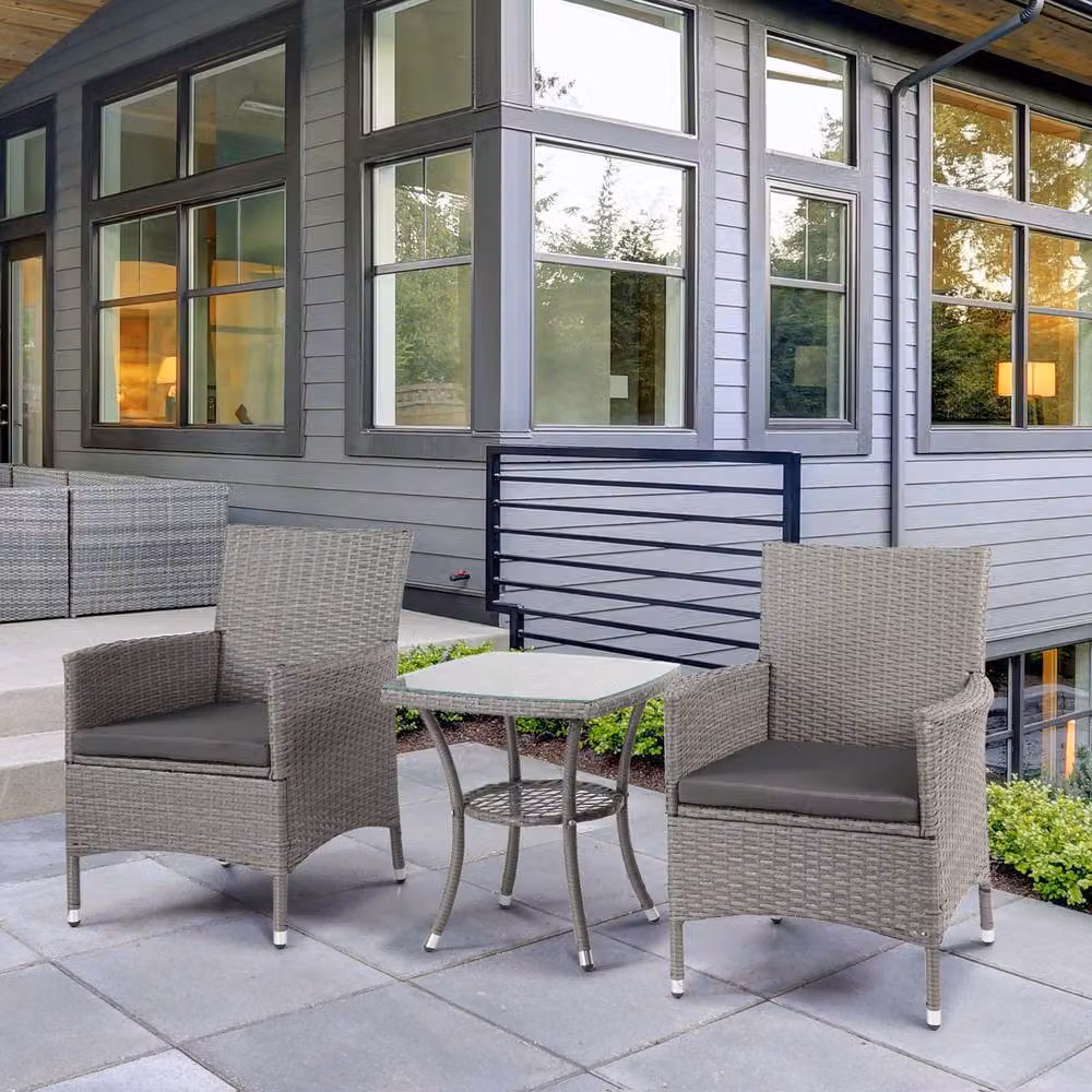 ERGOVEXA 3 Piece Rattan Bistro Set with Washable Cushions in Light Grey – 4