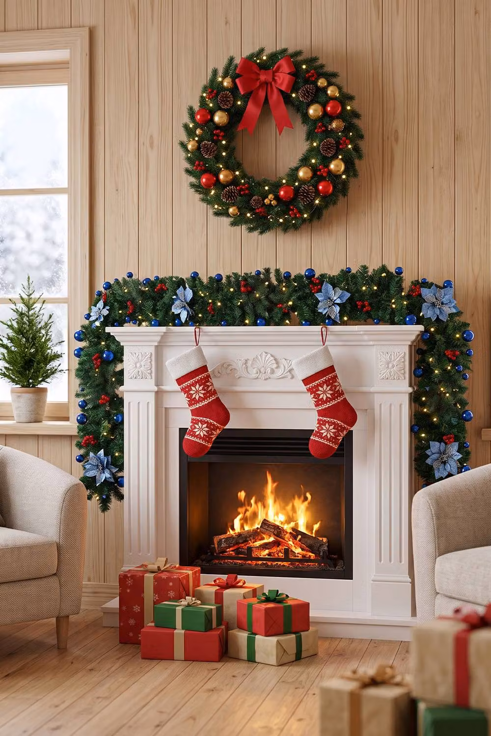 Living and Home 2.7m Artificial Christmas Garland with Warm White LED Lights in Green, Red or Multicolour – 2