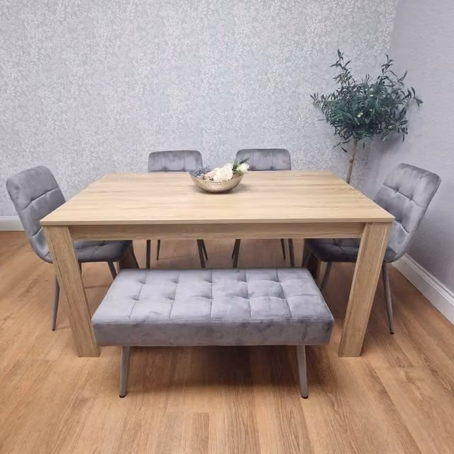 Kosy Koala Grey and Beige Oak Effect Dining Set with Table, Chairs and Bench, W: 117 cm