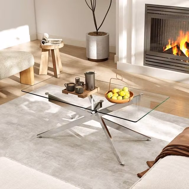Costway Modern Rectangular Glass Coffee Table with Silver Metal Frame – 1