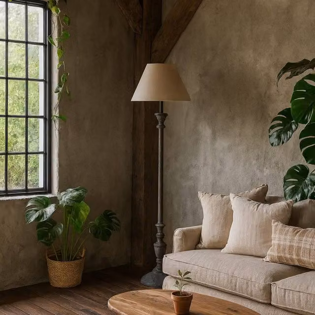 Wyld Haus Baux Slim Turned Pillar Floor Lamp with Grey Wood Base and Beige Fabric Shade, Height: 155 cm