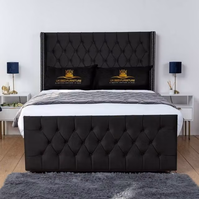 UK Bed Furniture Emily Wingback Divan Bed with 54 Inch Diamond Headboard, Black Velvet Fabric, W/D/H: 180 x 200 cm, King Size