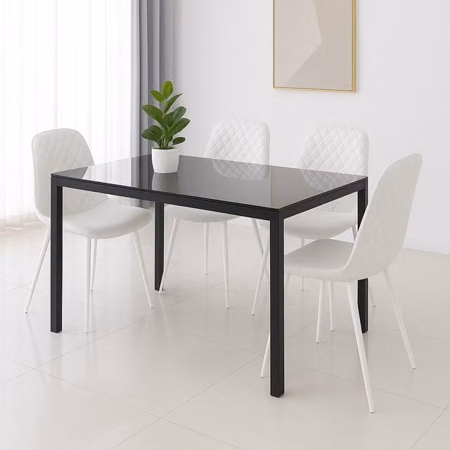 Kosy Koala Modern Black Glass Rectangular Dining Table Set with 4 White Faux Leather Chairs