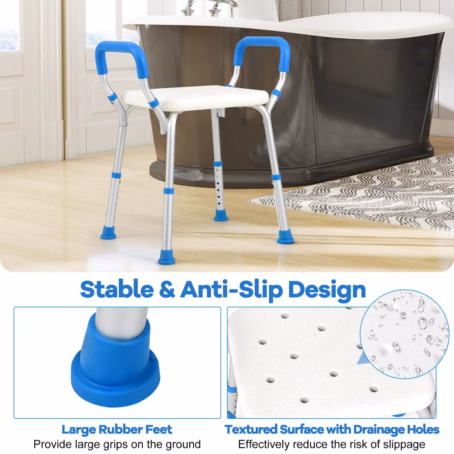 Costway Bath Chair Shower Bench with Detachable Padded Arms in Blue, W/D/H: 67 x 41 x 41 cm – 5