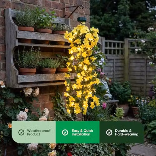 Gardenwize Solar Powered LED Hanging Primrose Flower Lights in Yellow with 30 LEDs and IP44 Waterproof Rating – 8