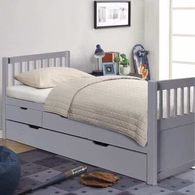 Comfy Living Grey Solid Pine 3ft Bed with Storage Drawers, W: 90 cm, L: 190 cm