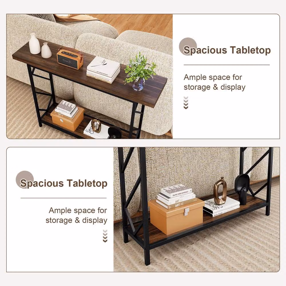 Costway Brown 2-Tier Narrow Industrial Console Table with Storage Shelf, W: 120 cm, H: 84.5 cm – 5