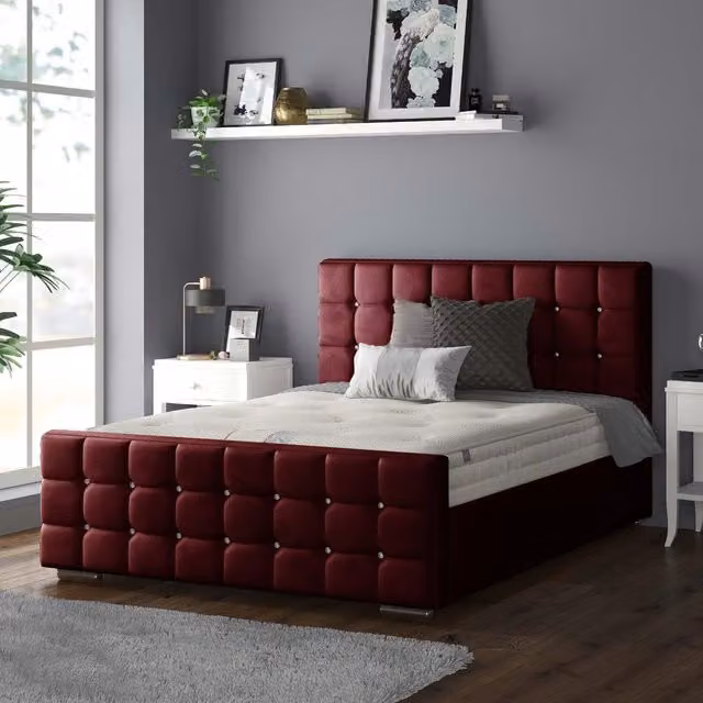 IH Design Chesterfield Upholstered Velvet Bed Frame in Red, W/D/H: 180 x 200 cm