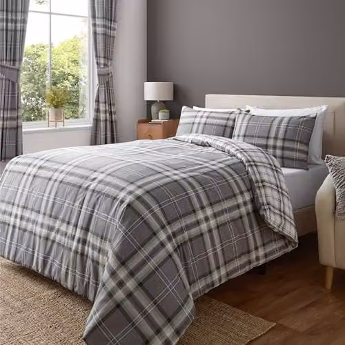 Catherine Lansfield Kelso Check Reversible Duvet Cover and Pillowcase Set in Grey and White, W/D/H: 180 x 200 cm