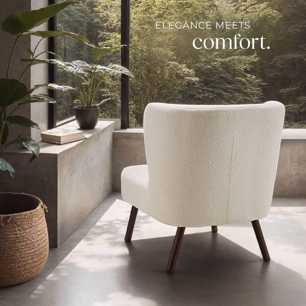 tectake Teddy Lounge Chair with Armrests in White Bouclé Fabric and Metal Frame – 3