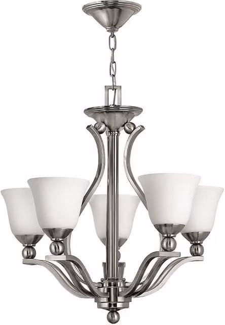 Loops 5 Bulb Chandelier Hanging Pendant Light in Silver with Glass and Metal Details, E27 60W LED Compatible
