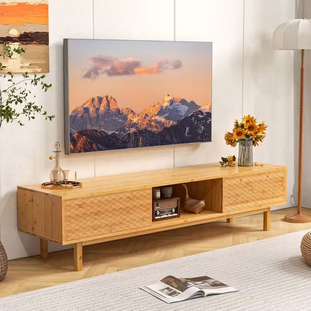 Costway Mid Century Bamboo TV Stand with Storage Cabinet in Natural Brown for TVs up to 70 inch – 1