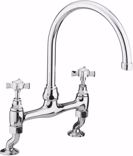 Nes Home Traditional Brass Bridge Kitchen Sink Mixer Tap with Cross Head Handles in Silver Chrome