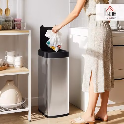 HOMCOM 50L Automatic Sensor Bin, Touchless Battery Operated Kitchen Bin, Silver Tone, H 68.0 cm x W 35.5 cm x D 26.5 cm – 2
