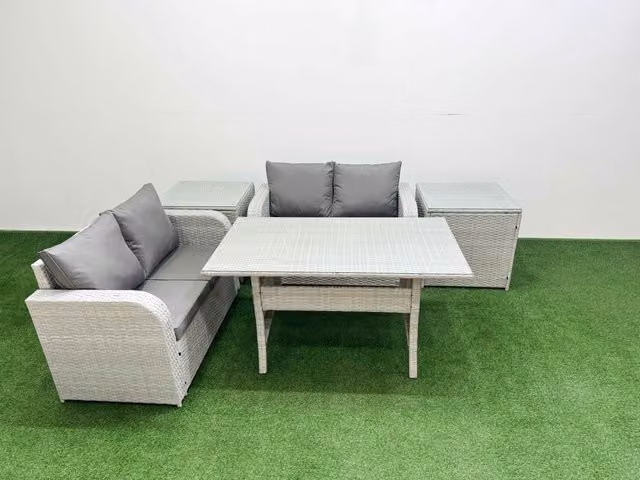 Fimous 4 Seater Rattan Garden Furniture Set with Rectangular Glass Dining Table and 2 Side Tables in Light Grey