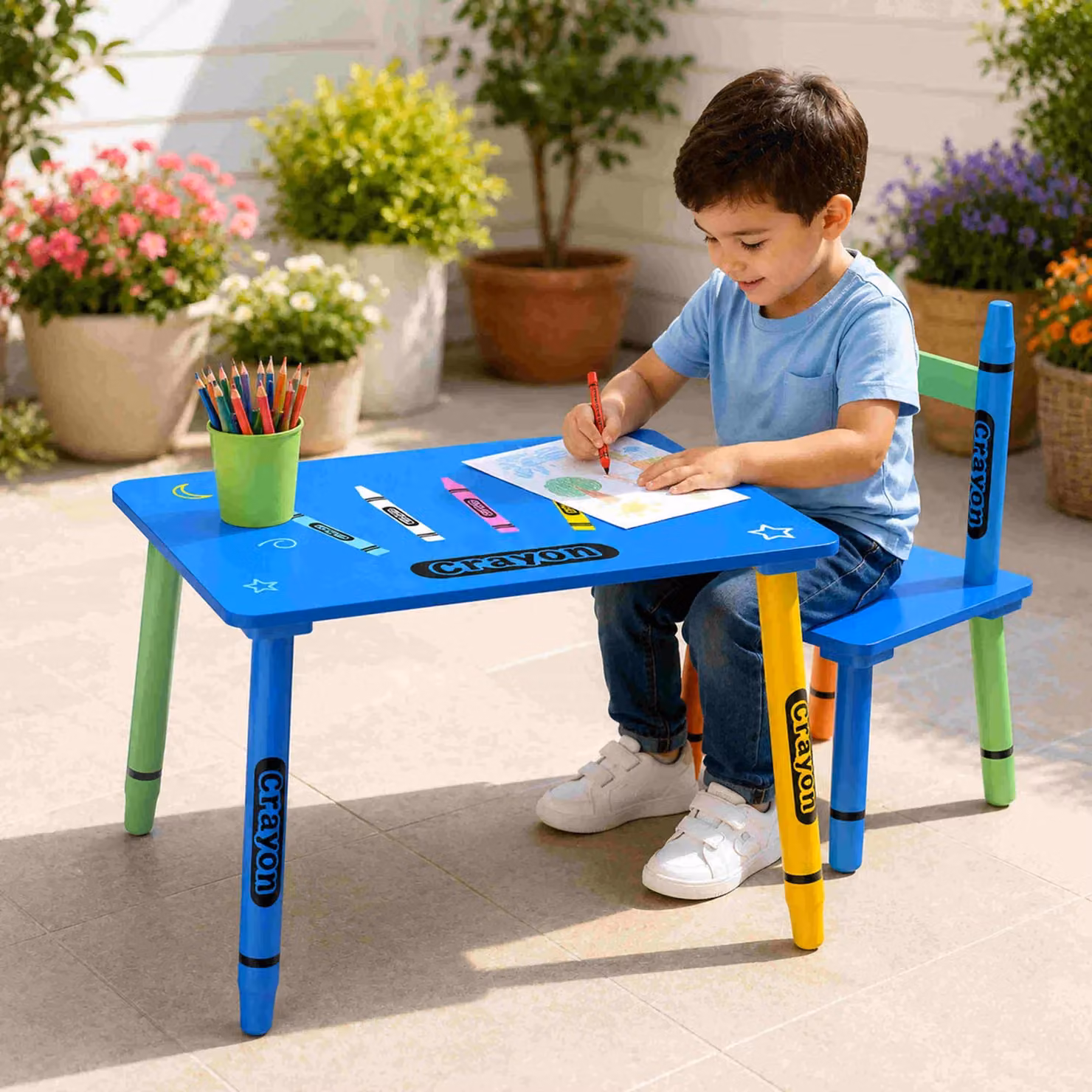 Oypla Childrens Multicolour Wooden Crayon Table and Chairs Set – 3