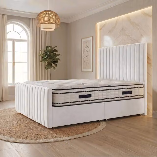 Somnior Eleanor White Velvet Divan Bed with Hybrid Mattress and Headboard, Super King, W/D/H: 200 x 200 x 137.16 cm