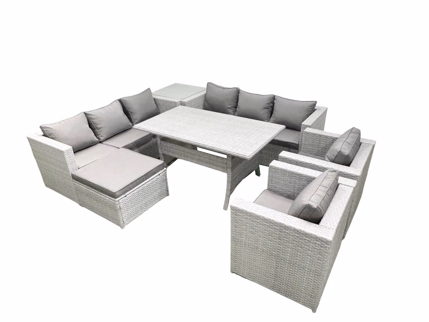 Fimous 8 Seater Rattan Garden Furniture Set in Light Grey with Dining Table, 2 Chairs, Side Table and Footstool – 2
