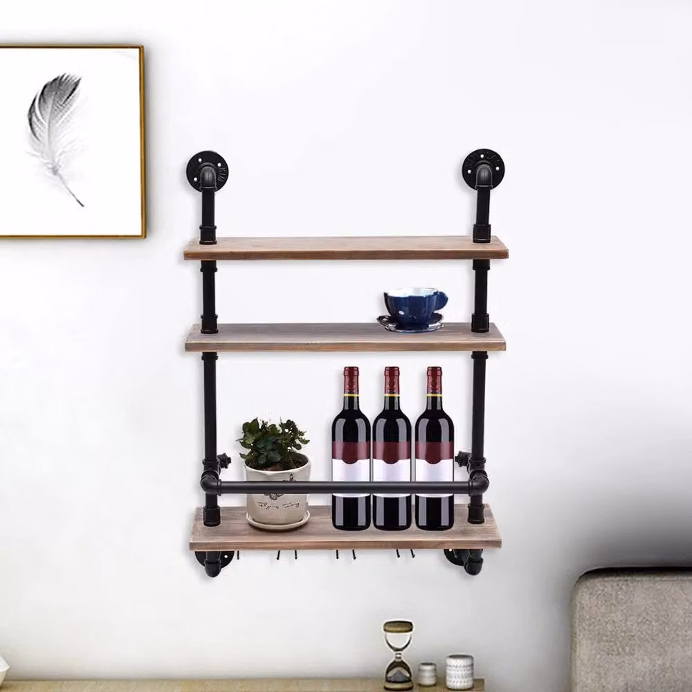 Havendro Industrial Pipe Wall Mounted Wine Rack with Glass Holder in Black and Pine Wood – 2